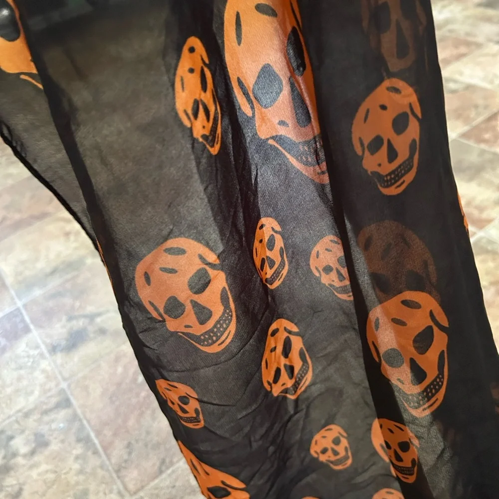 Black & Rust Orange Skull Print Sheer Scarf Goth Halloween 70”